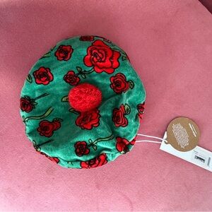 Mini Rodini velour Green Beret with Red Floral Design 9mo-3y NWT